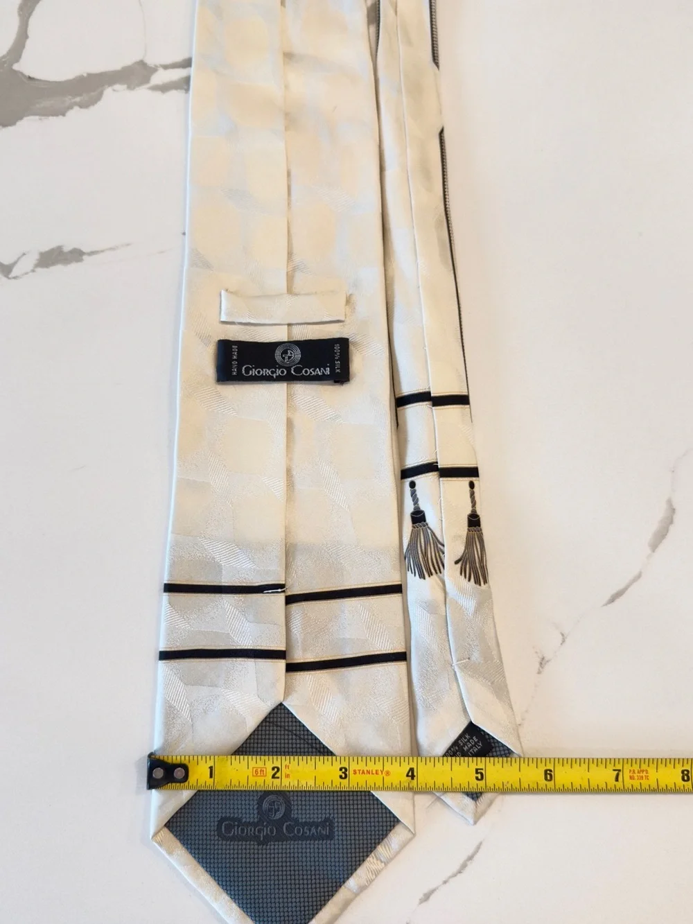 Giorgio Cosani Men's Ivory Necktie with Navy Tassel Detail